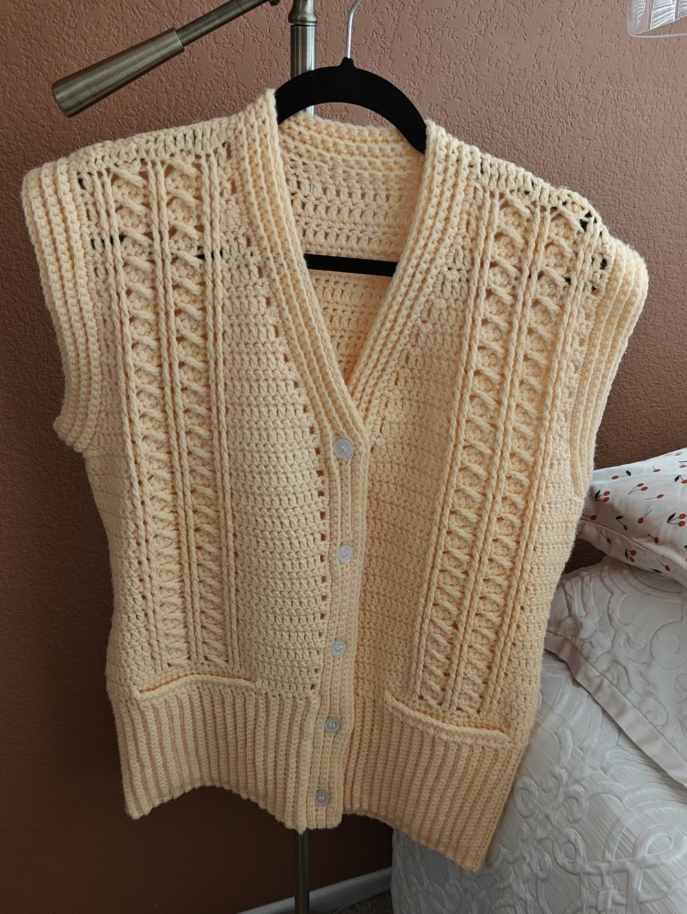 Vintage  Orange Cream Crochet Knit Button-Front Sweater Vest